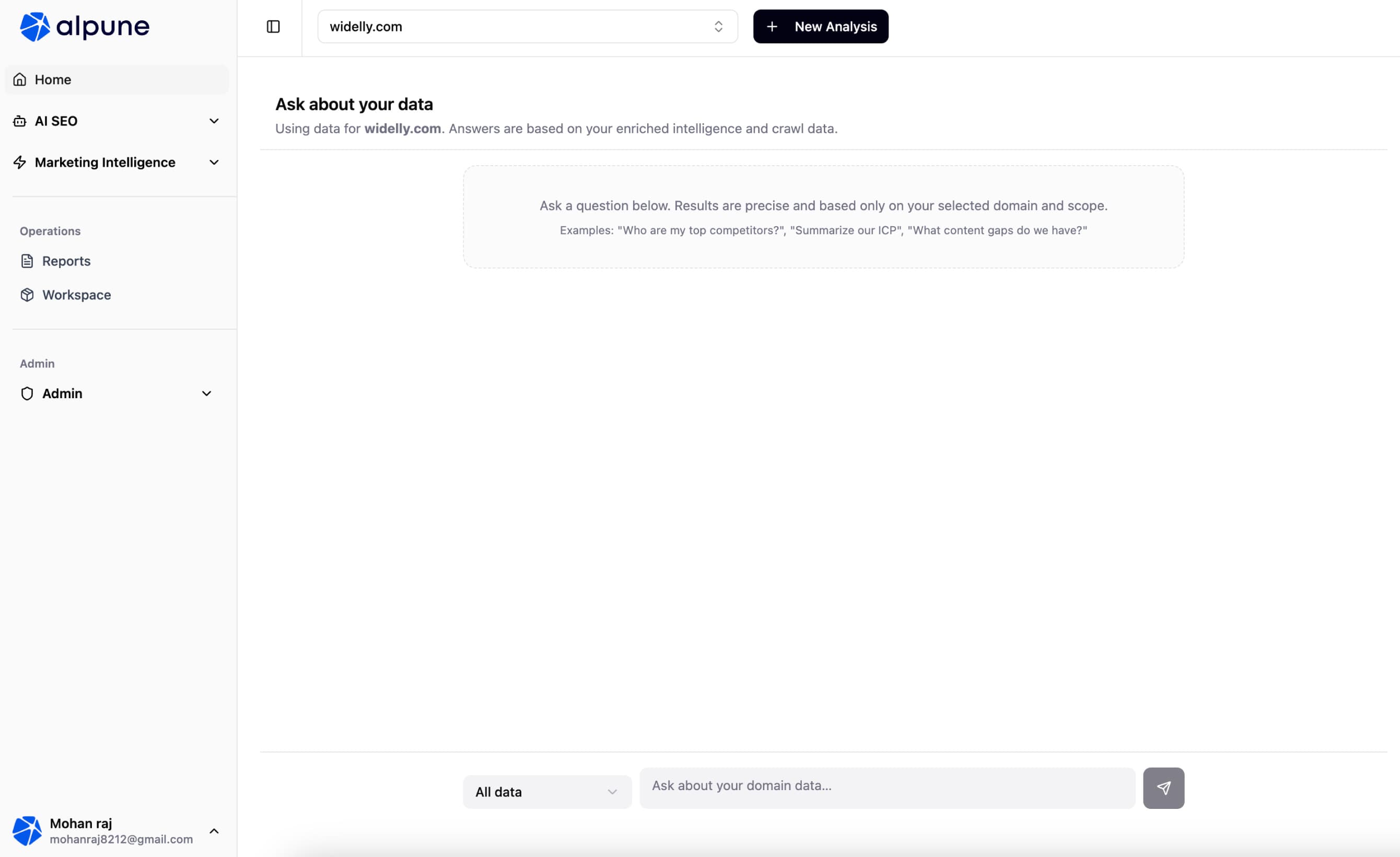 Alpune dashboard — Ask about your data